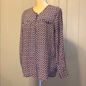 JOIE 100% SILK LONG SLEEVE NAVY WITH RED, BLOUSE